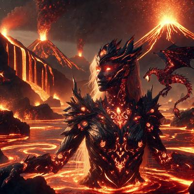 The primary subject of the image is a woman with a dragon tattoo, wearing a black and red outfit. She is standing in a body of water, surrounded by a fiery landscape. The setting includes a mountain in the background, adding to the dramatic atmosphere of the scene. The visual style of the image is a combination of digital art and illustration, creating a unique and captivating scene. The colors and mood of the image are predominantly dark and intense, with the fiery landscape and the